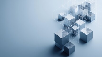 Obraz premium Abstract futuristic cubes and digital lines on a light blue background, a technology concept for business or industry design with copy space.
