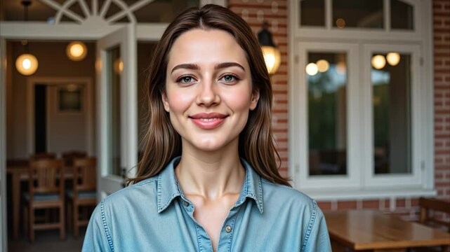 Confident and approachable young woman looking directly at the camera with a friendly expression, community center in the background, perfect for volunteer recruitment and fundraising materials - Powered by Adobe