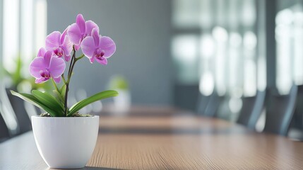 74.A close-up of a purple orchid in a chic white pot, positioned on a wooden desk in a modern office setting, the contrast of colors and textures creating a fresh and inviting ambiance.