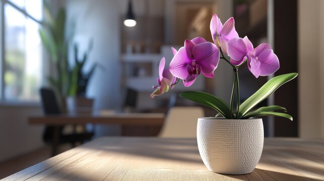 74.A close-up of a purple orchid in a chic white pot, positioned on a wooden desk in a modern office setting, the contrast of colors and textures creating a fresh and inviting ambiance.