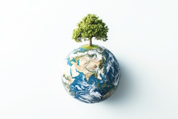 A lush green tree atop a detailed Earth globe symbolizes environmental preservation and sustainable future.