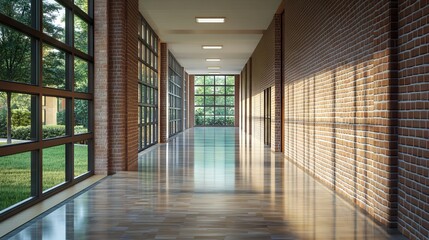 9.Symmetrical school hallway with brick walls, large glass windows on one side, and a sleek, polished floor, emphasizing brightness, simplicity, and contemporary educational design.