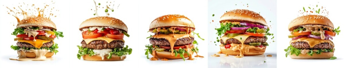 Hamburger splashing, mayonnaise, isolate on white background.