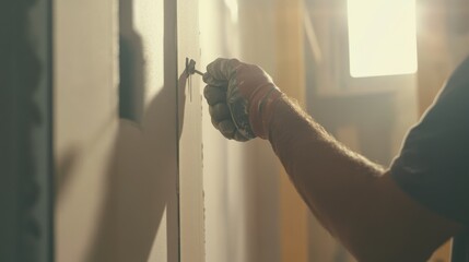 Construction worker installing drywall panels. Featuring expertise and precision