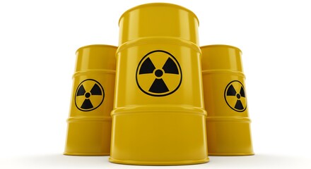 AI image displays three yellow barrels with the radioactive warning symbol prominently featured, representing hazardous nuclear material, isolated front view.