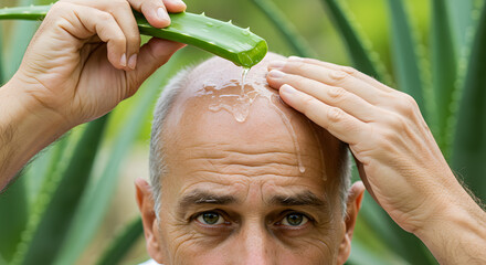 Elderly man applying aloe vera gel to scalp in a green garden  