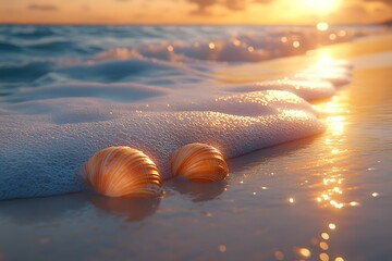 Obraz premium Beautiful seashells on the beach at sunset. Selective focus.