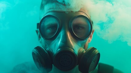Mysterious figure in gas mask surrounded by colorful smoke in an atmospheric setting