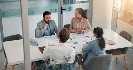 Meeting, collaboration and business people in office with finance negotiation, deal or proposal....
