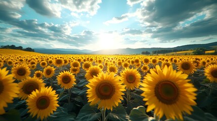 Fototapeta premium Sunflower field at sunset. Beautiful natural landscape with sunflower field.