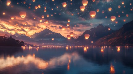 Lantern Festival at night, Mai, Thailand.