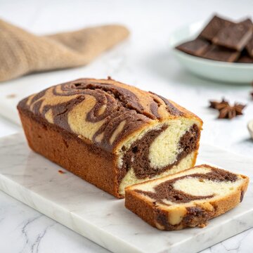 Marmalade swirl cake sliced on a marble board with chocolate in the background.