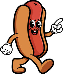 Funny cartoon hot dog character walking with a smile, pointing up. Retro vintage mascot style, bold lines, colorful vector illustration. Perfect for fast food ads and kids designs.