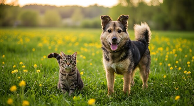 ai image featuring a tabby cat sitting and a happy dog standing together in a lush green meadow dotted with yellow flowers.