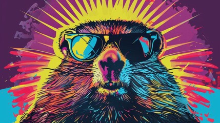 Naklejka premium a cool and colorful tshirt design of a groundhog with sunglasses, pop art style
