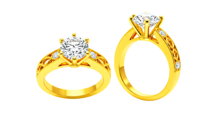 Close up of two gold rings with large clear stones and smaller stones on the bands on black background