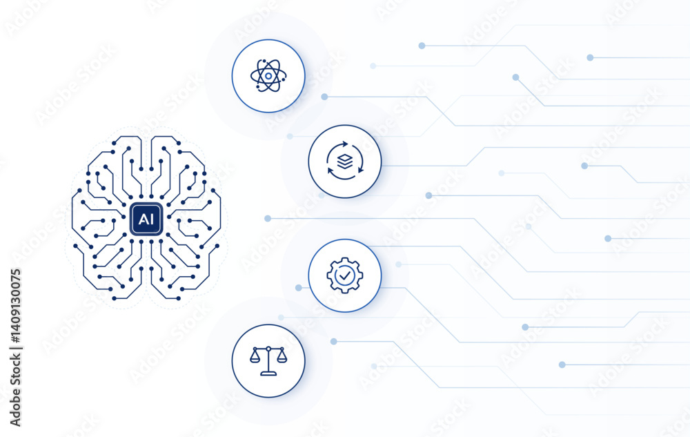 Poster ai computing technology concept. ai brain with abstract digital background. editable stroke icons ve
