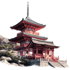 Naklejka premium Red Japanese Pagoda on Mountain