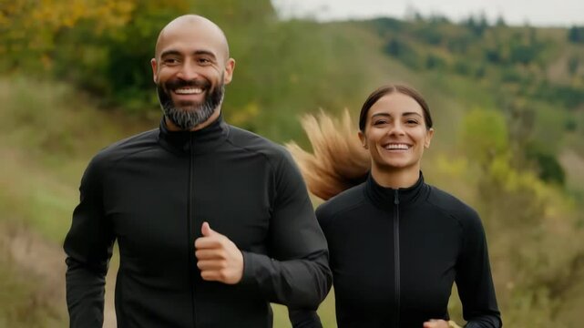 A man and woman are smiling and walking together in a forest. The man is wearing a black jacket and the woman is wearing a black jacket