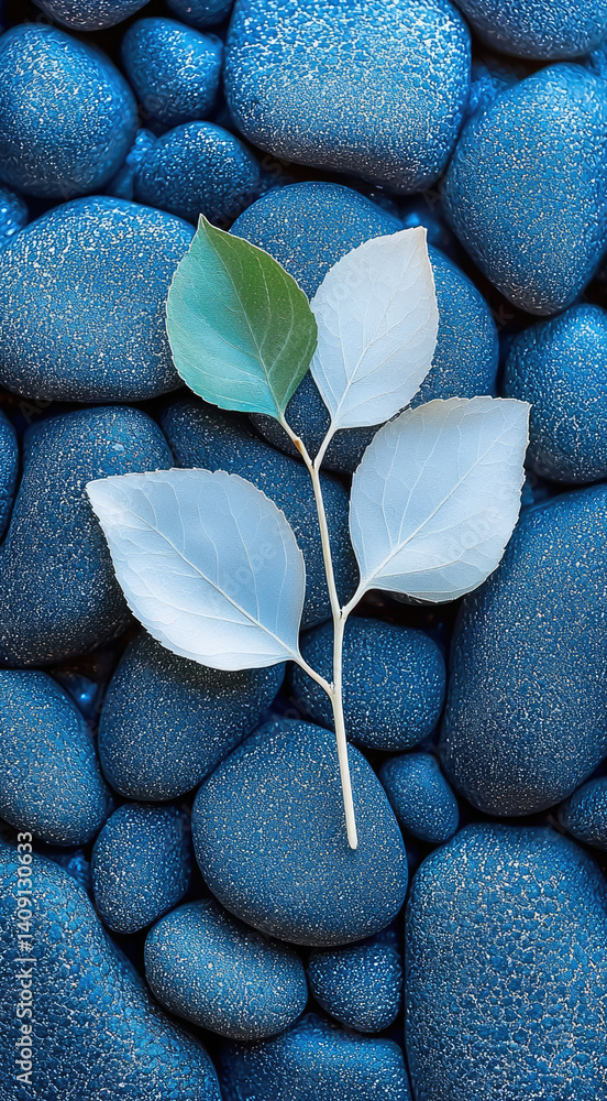 Aufkleber serene composition featuring delicate leaves resting on smooth blue pebbles, creating calming contra