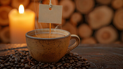 Freshly brewed coffee cup with floating price tag, steaming hot beverage for cafe menu, coffee shop marketing and retail business concept.