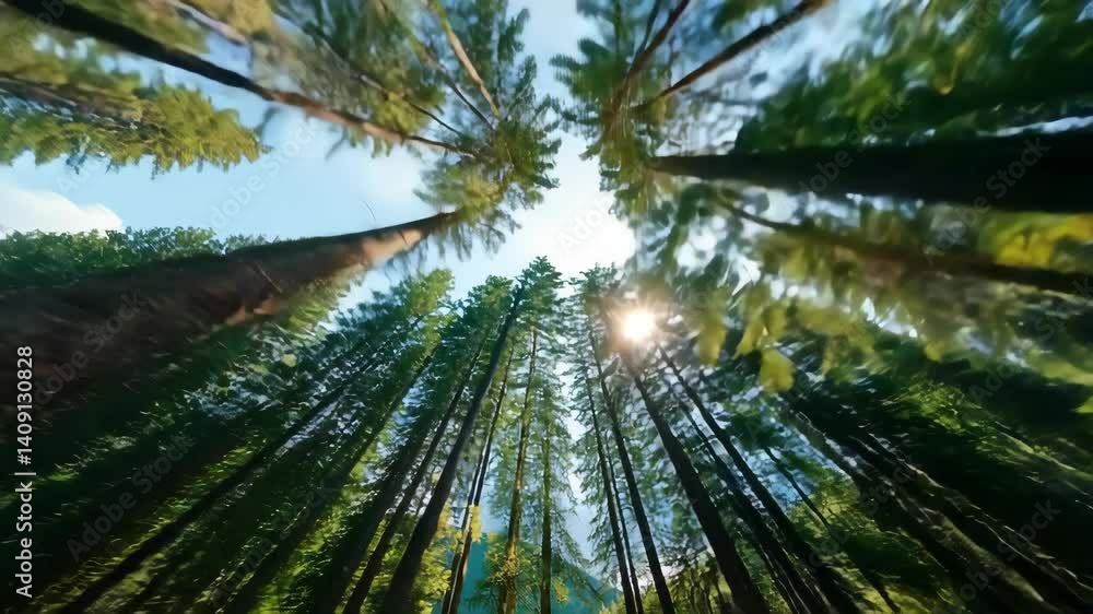 Poster journey through a dense forest soaring high above towering trees with sunlight filtering through the