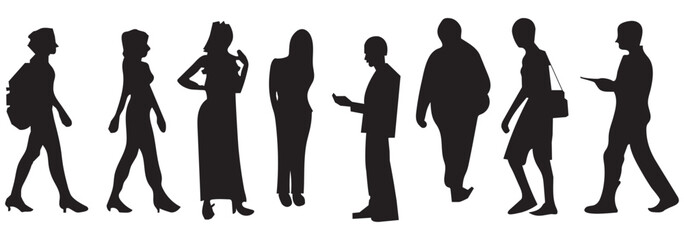 business people walking with hand bags, men and women in full length and side view silhouette. Vector silhouette illustration isolated of businesspeople on white background