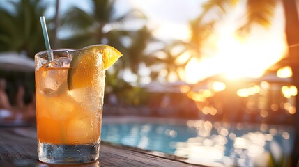 Refreshing summer cocktail with ice and orange on a wooden board placed by the poolside on vacation.