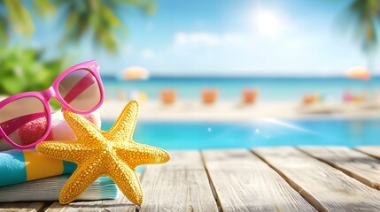 Sunny summer beach with starfish and sunglasses on wooden boards at the shore. A perfect tropical paradise for your summer vacation.