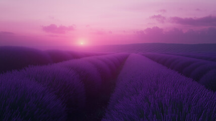 Fototapeta premium Romantic lavender fields at sunset, gentle purple waves stretching into the horizon 