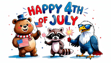 Obraz premium Festive cartoon scene of cute animals celebrating 4th of July with American flag, sparkler, and cool eagle in sunglasses