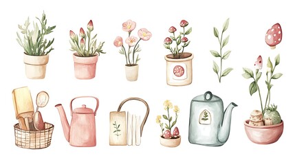 Watercolor illustration of potted plants, teapots, and gardening tools.