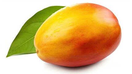 A mango with a smooth skin showcases a gradient of yellow and orange tones resting next to a green leaf on a white surface