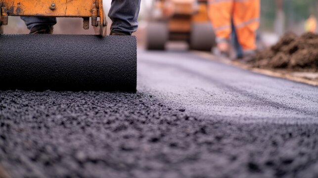 Construction worker laying asphalt on a new road. Featuring precision and heavy machinery