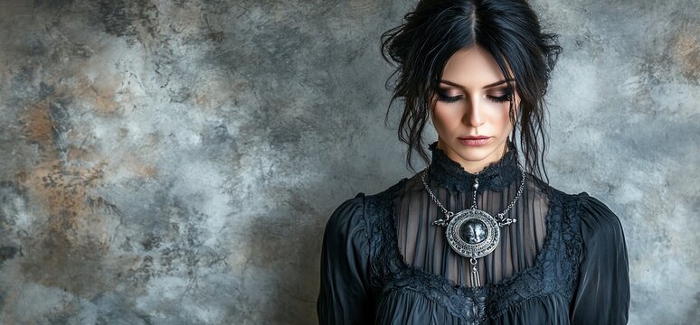 Woman gazes down in studio with grunge backdrop for dark elegance projects