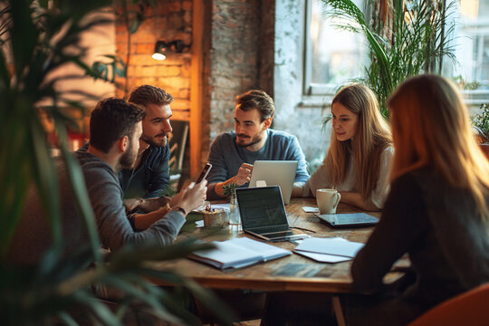 Informal office discussion with team using digital devices and notes in relaxed environment