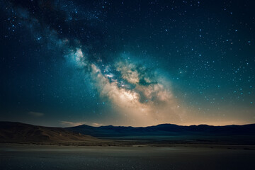 Fototapeta premium : A breathtaking night sky over a desert landscape, the Milky Way stretching across the horizon. 