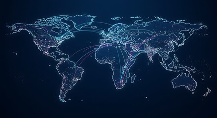 World map with blue outline and lines connecting continents on a dark blue background image