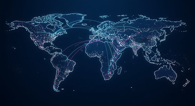 World map with blue outline and lines connecting continents on a dark blue background image - Powered by Adobe