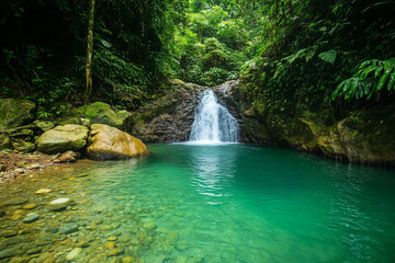 Naklejka premium A dense rainforest with a hidden waterfall cascading into a clear turquoise pool, surrounded by lush green foliage