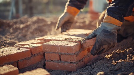 Naklejka premium Construction worker laying bricks for a building foundation. Featuring skill and precision