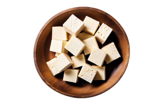 Cubes of dairy food in wooden bowl for snack close-up on transparent background. Dietary tofu cheese for tasty food and healthy eating concept.