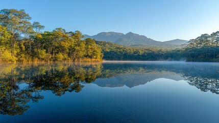 Fototapeta premium Dreamlike lake view with forest and mountain reflection under clear blue sky, sunrise glow, eye-level angle, crisp and cinematic look 