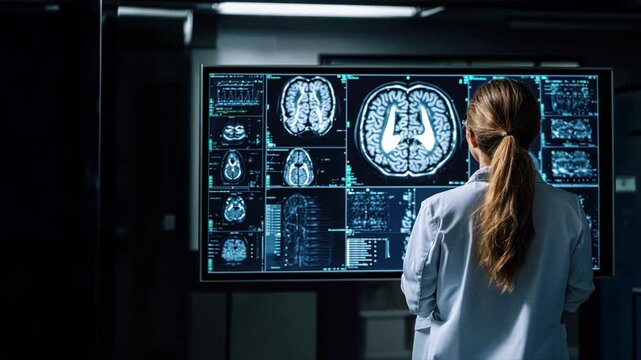 Female doctor standing in front of a large screen showing brain images and medical data, Stroke recovery, recovery therapy, headache, head pain
