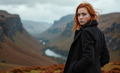 A ginger woman in black coat stands by the fantastic nordic view