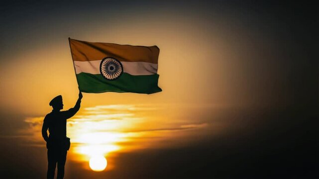 Silhouette of an Indian soldier holding the national flag against a sunset sky, Honor, bravery, and patriotism, Indian Independence Day, Republic Day, Flag hoisting ceremony