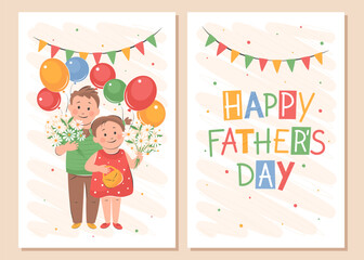 Father's Day card set. Children with flowers and balloons.Vector illustration for postcards, posters, banner.