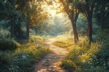 Obraz premium Sunlight in the green forest with path and sunbeams.