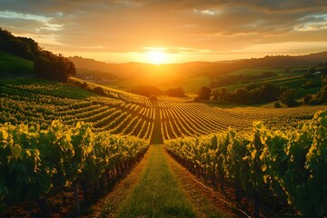 Fototapeta premium Aerial view of vineyard at sunrise. Beautiful landscape with vineyards.