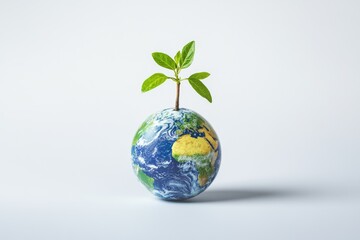 A small plant sprouts from a globe, symbolizing growth, environmental protection, and a sustainable future for our planet.